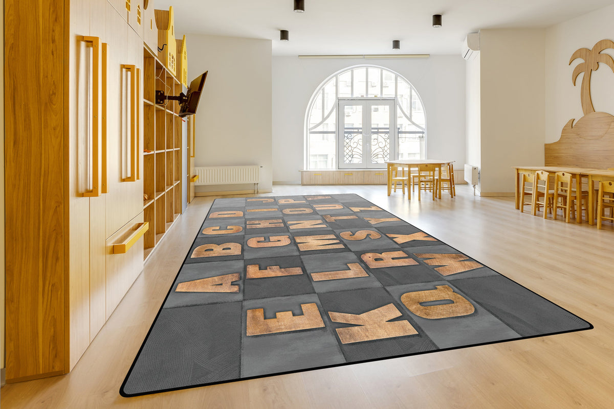 Rustic Wood Literacy Seating Gray Classroom Rug, view 5