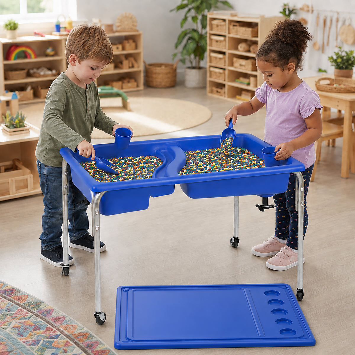 Double-Basin Mobile Sensory Table, Lid and 30 lb Rainbow Fill
