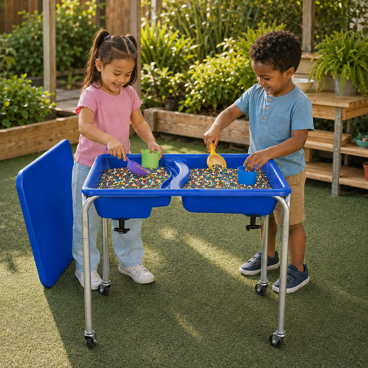 Double-Basin Mobile Sensory Table, Lid and 30 lb Rainbow Fill, view 5