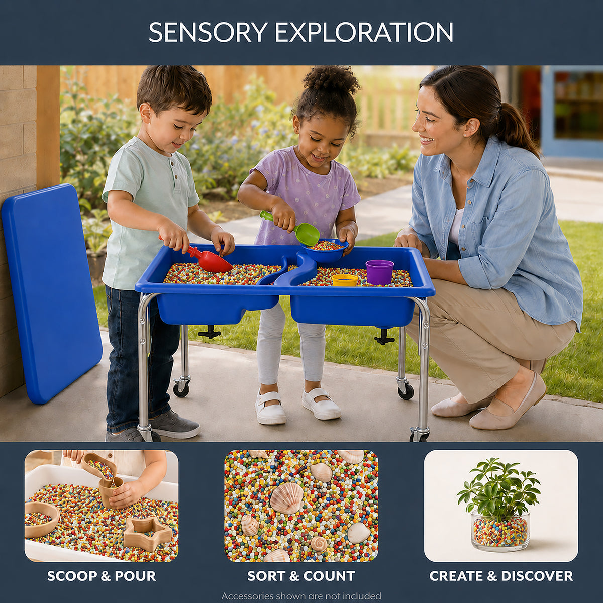 Double-Basin Mobile Sensory Table, Lid and 30 lb Rainbow Fill, view 3