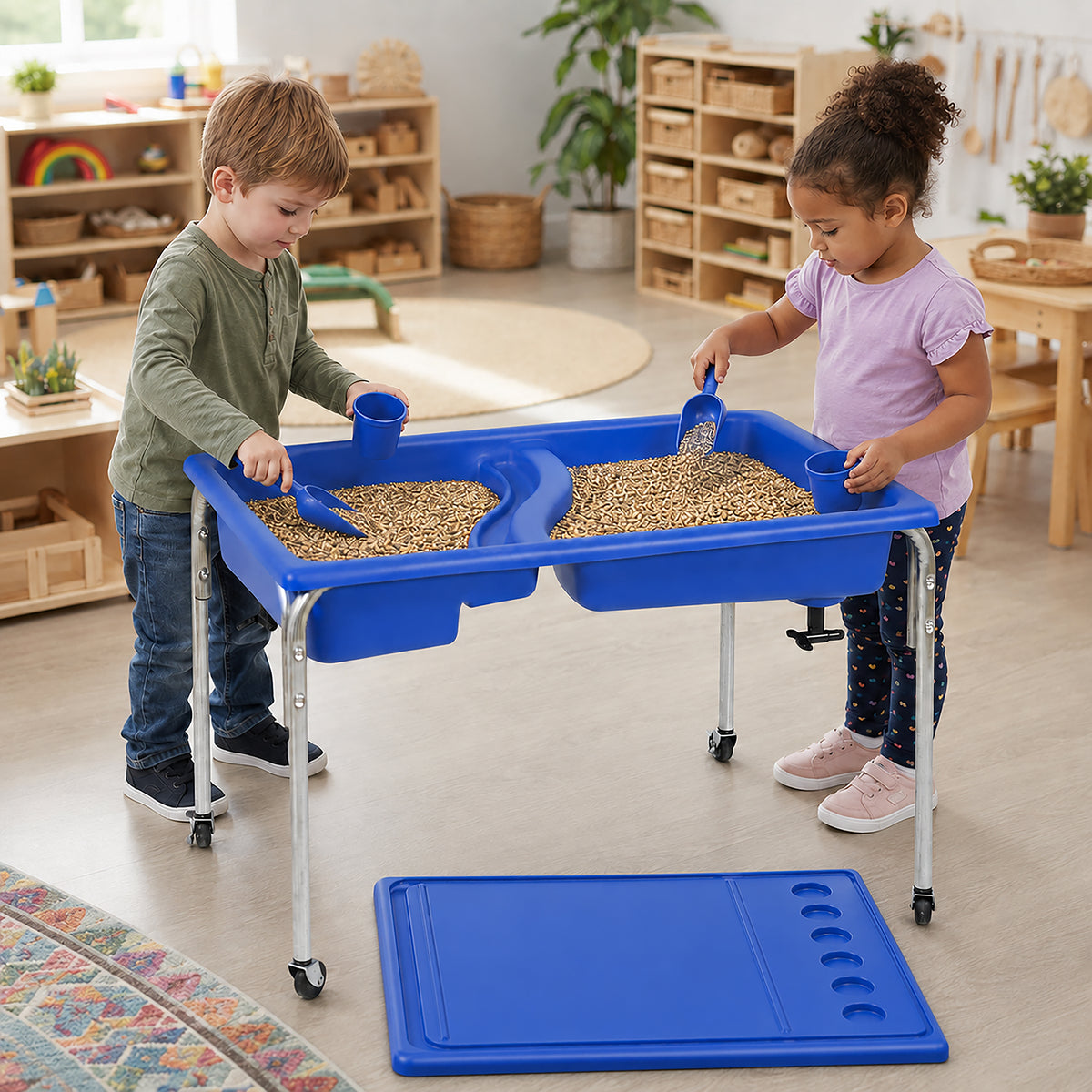 Double-Basin Mobile Sensory Table, Lid and 30 lb Sand Fill