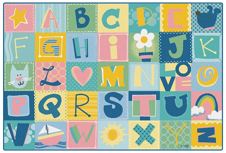 KIDSoft Toddler Alphabet Blocks Tranquil Classroom Rug – 4' x 6' Rectangle