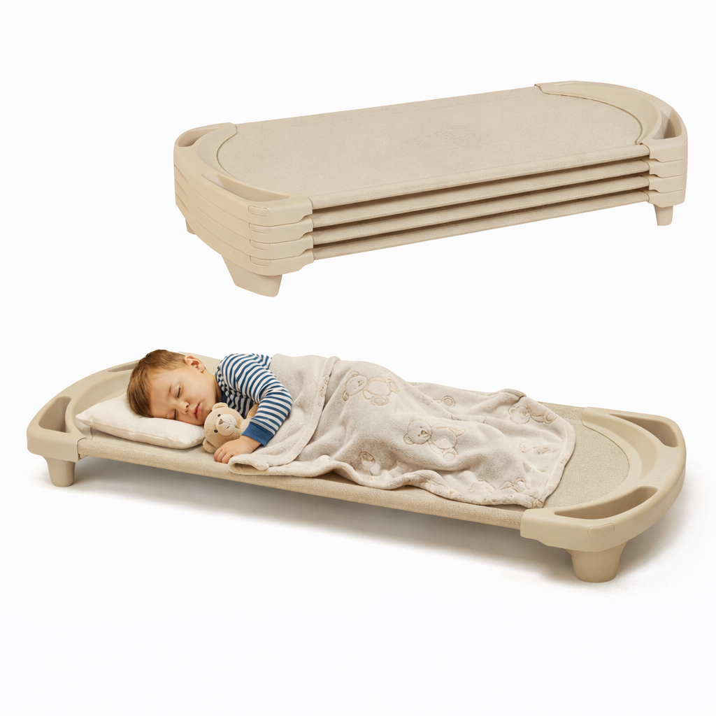 Vertical-Stacking Daycare Nap Cot with Enclosed Ends, Sand / Standard / Set of 4