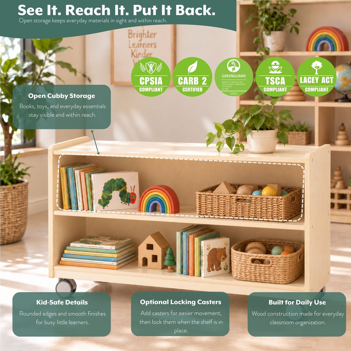 Mobile 24" H 2-Shelf Classroom Storage Unit, view 3