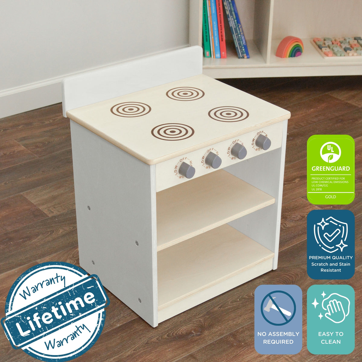 White Wooden Toddler Play Stove, view 3