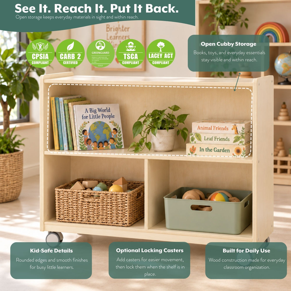 Mobile 36" H 2-Shelf Classroom Storage Unit, view 4