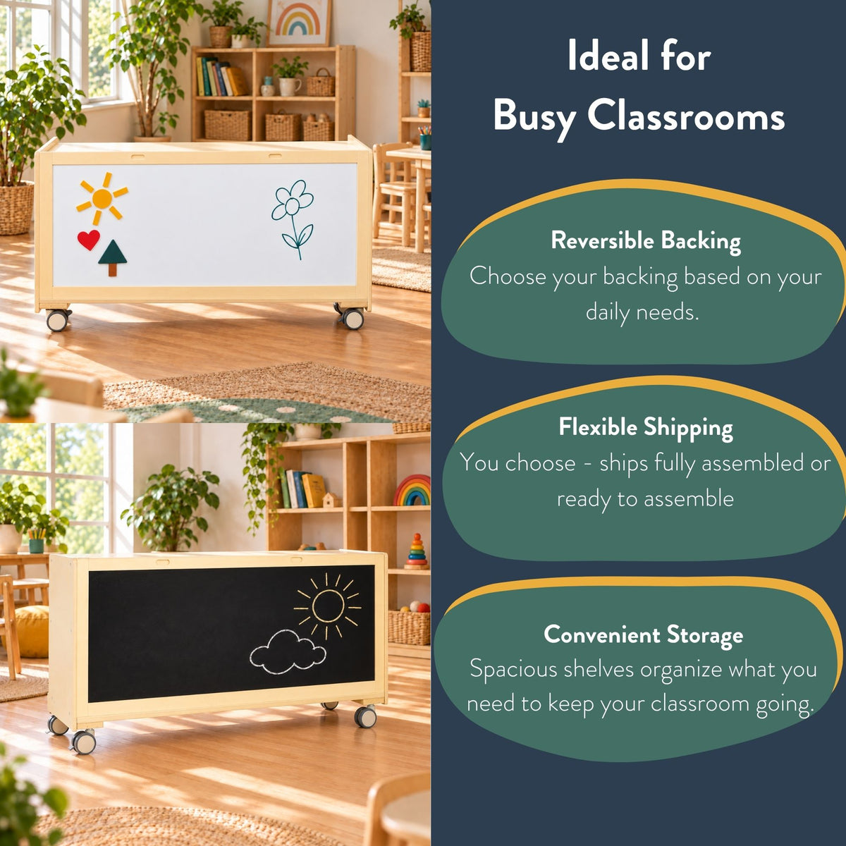 Mobile 24" H 2-Shelf Storage with Chalkboard and Whiteboard, view 4