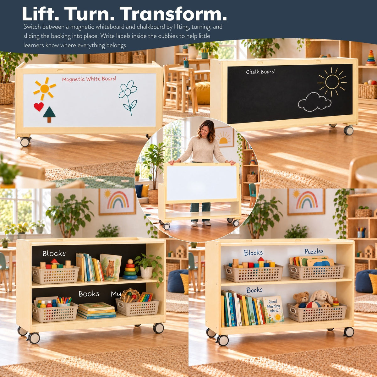 Mobile 24" H 2-Shelf Storage with Chalkboard and Whiteboard, view 5