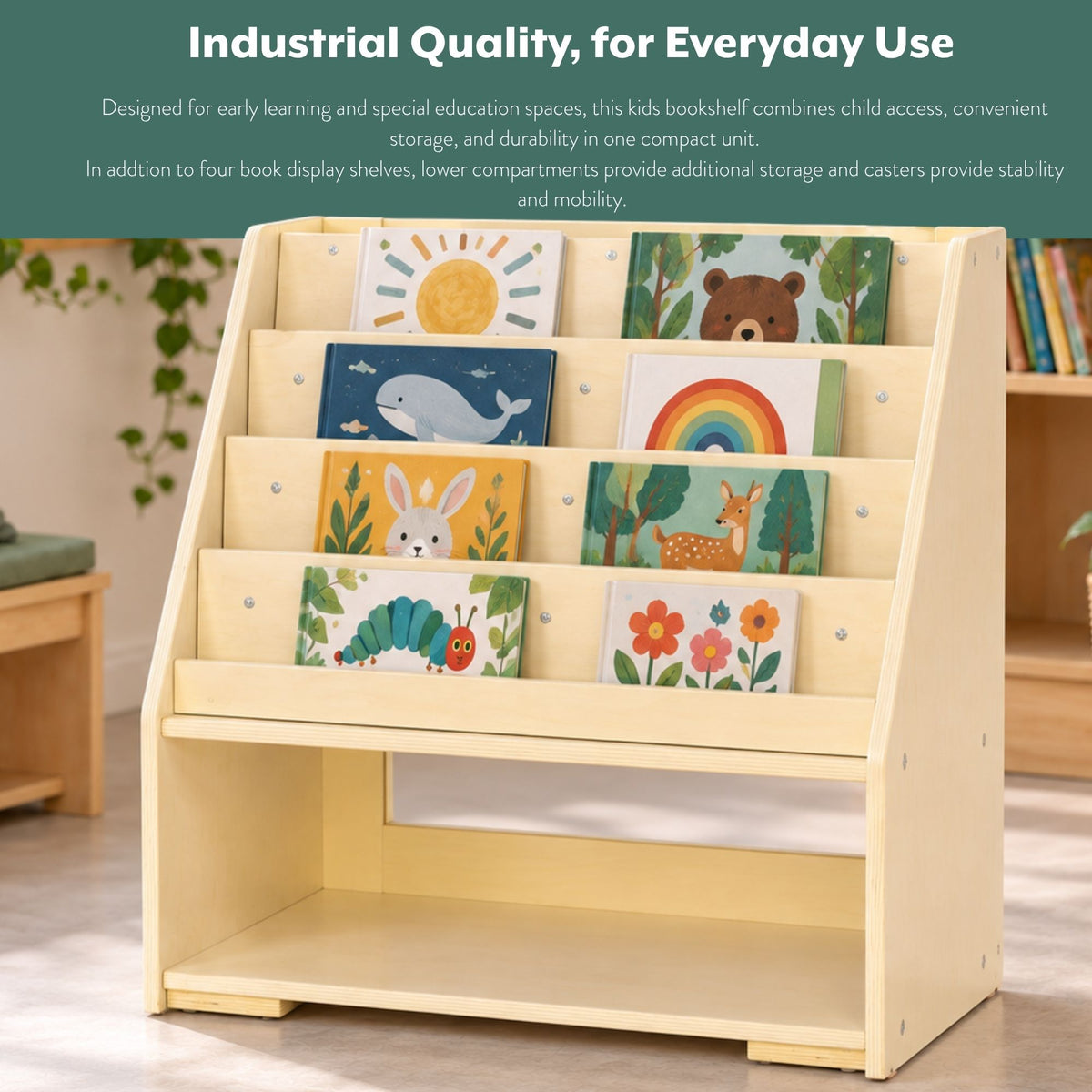 Reversible 4-Shelf Mobile Book Display with Storage, view 5