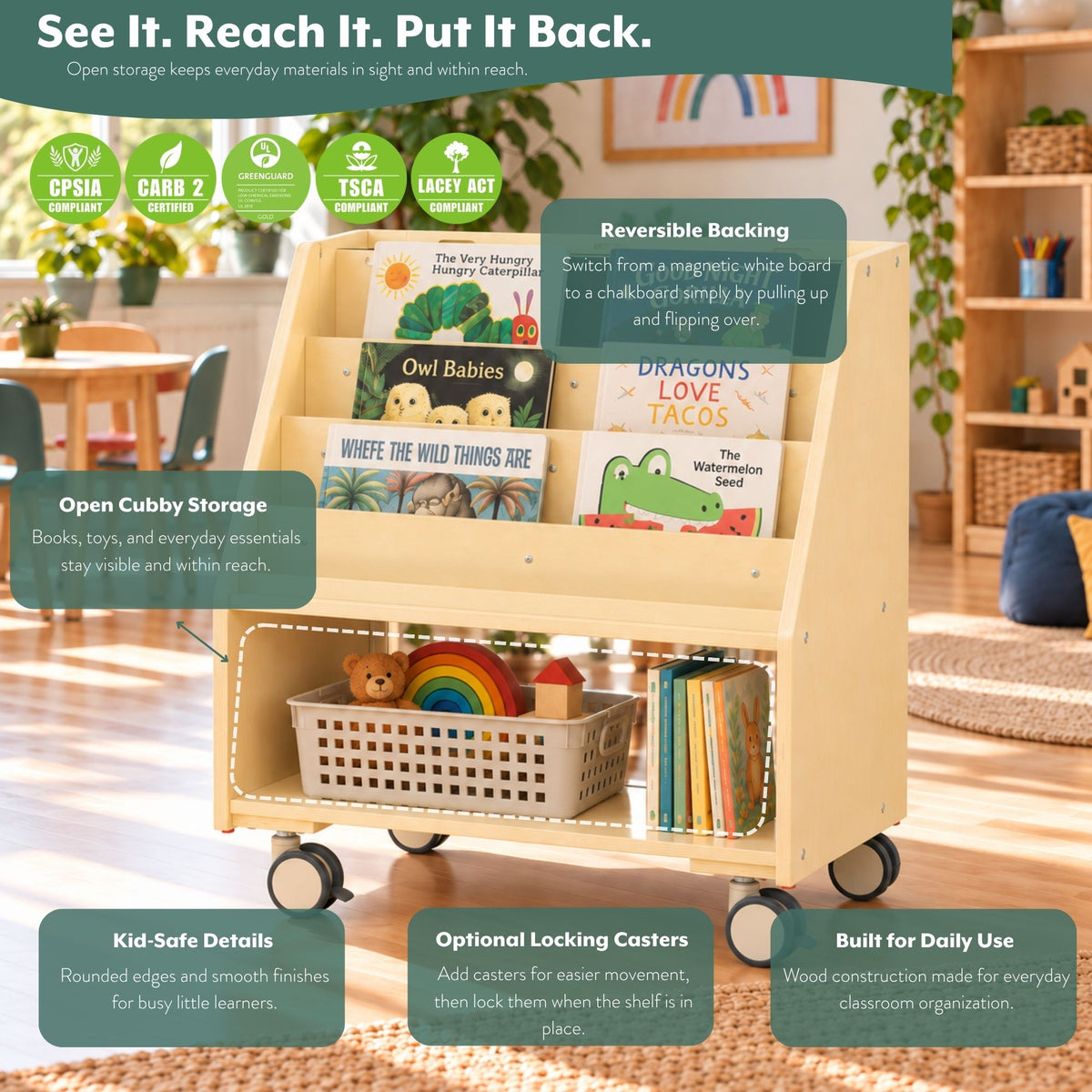 Reversible 4-Shelf Mobile Book Display with Storage, view 4