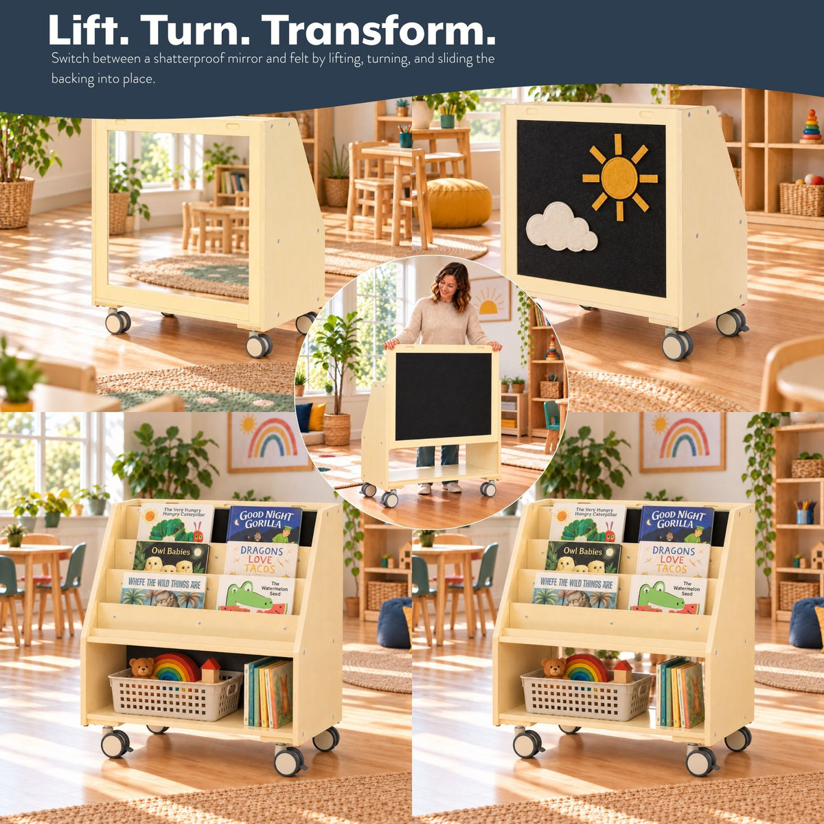 Reversible 4-Shelf Mobile Book Display with Storage, view 6