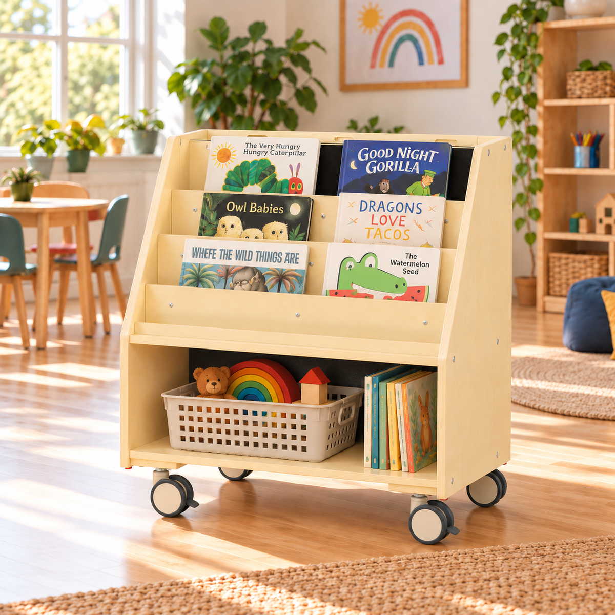 Reversible 4-Shelf Mobile Book Display with Storage
