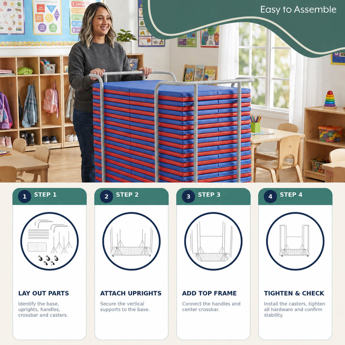 Folding Rest Mat Classroom Bundle with Cart – Red/Blue, view 3