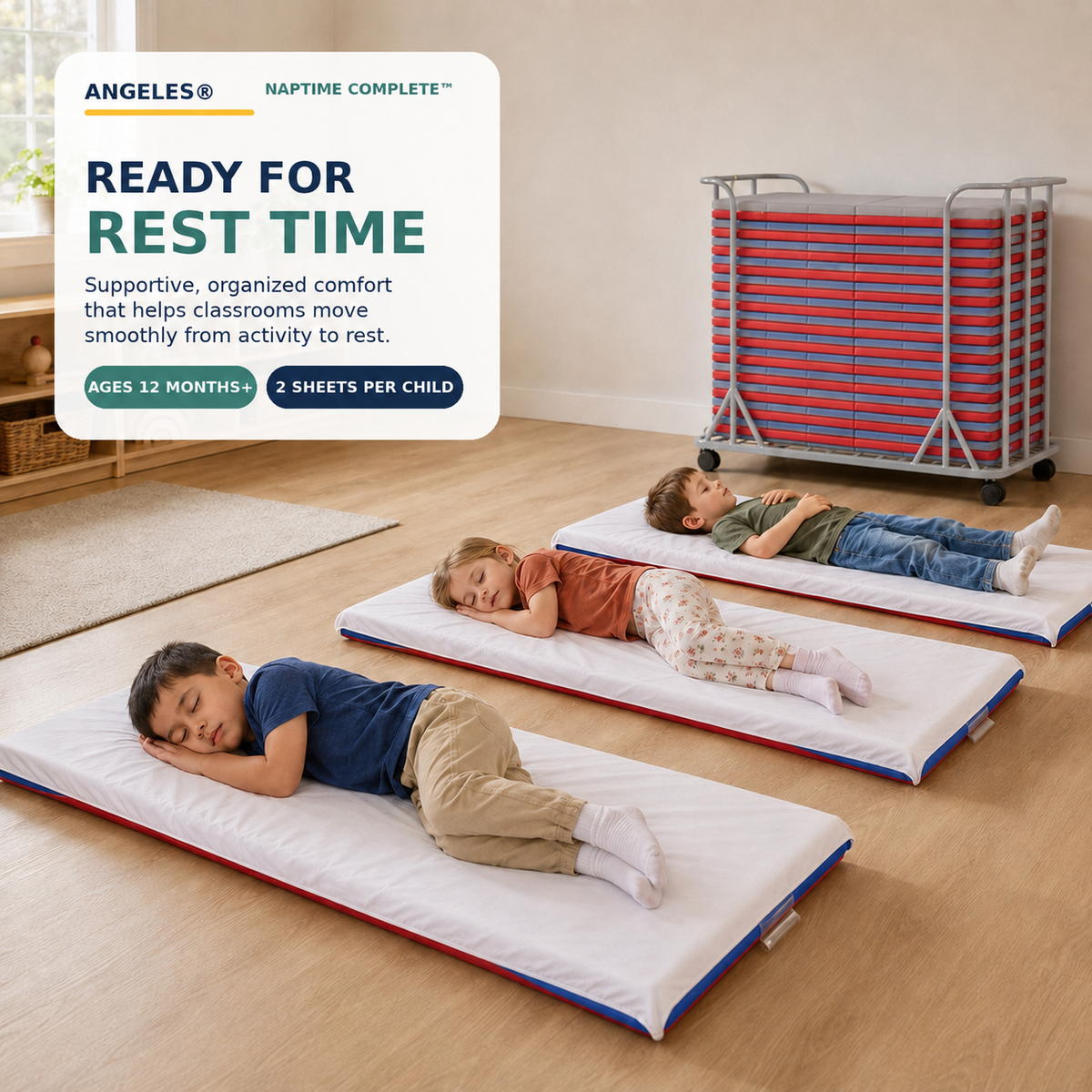 Folding Rest Mat Classroom Bundle with Cart – Red/Blue, view 7