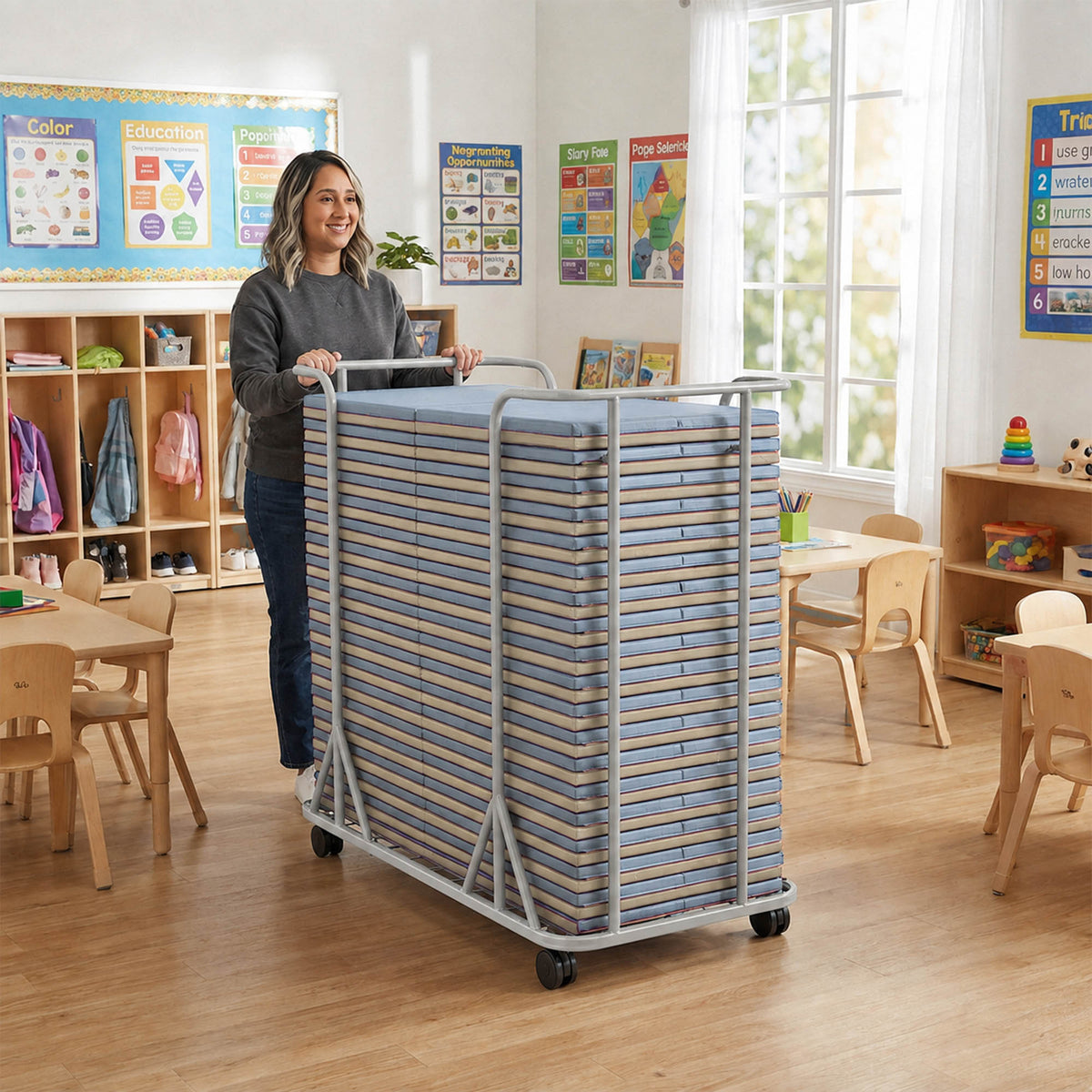 Folding Rest Mat Classroom Bundle with Cart – Fog Blue/Sand
