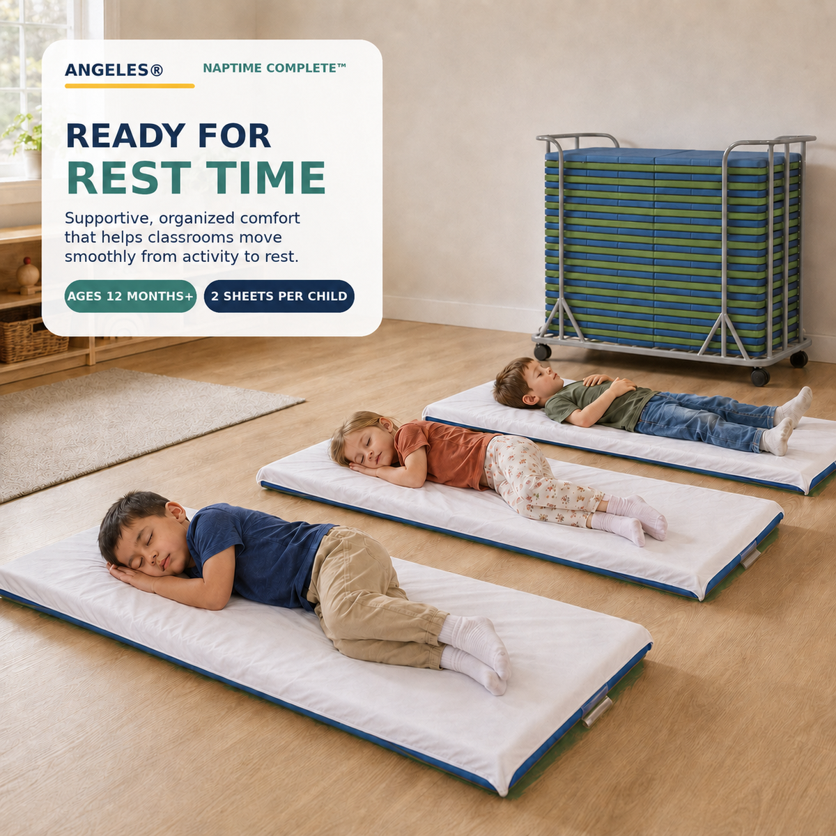 Folding Rest Mat Classroom Bundle with Cart – Sage/Deep Water, view 10