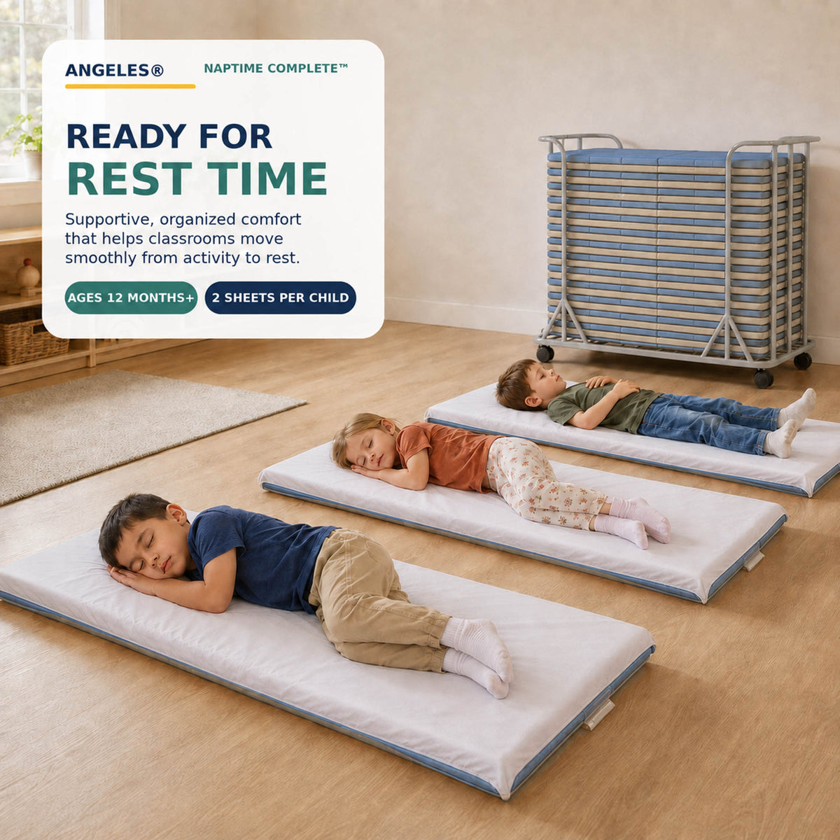 Folding Rest Mat Classroom Bundle with Cart – Fog Blue/Sand, view 7