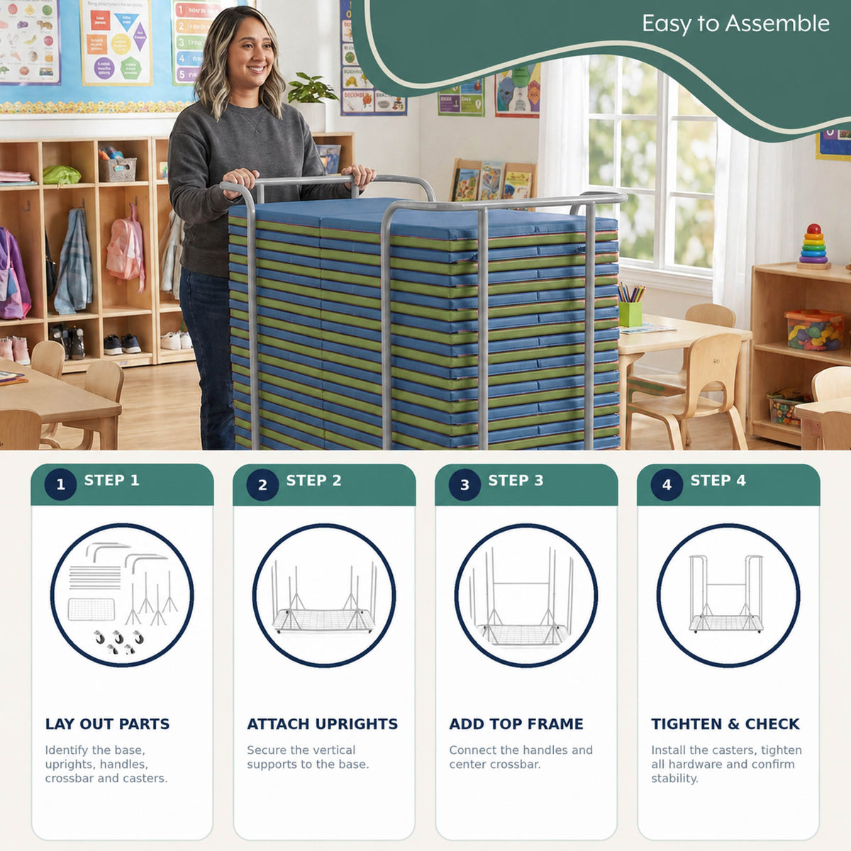 Folding Rest Mat Classroom Bundle with Cart – Sage/Deep Water, view 3