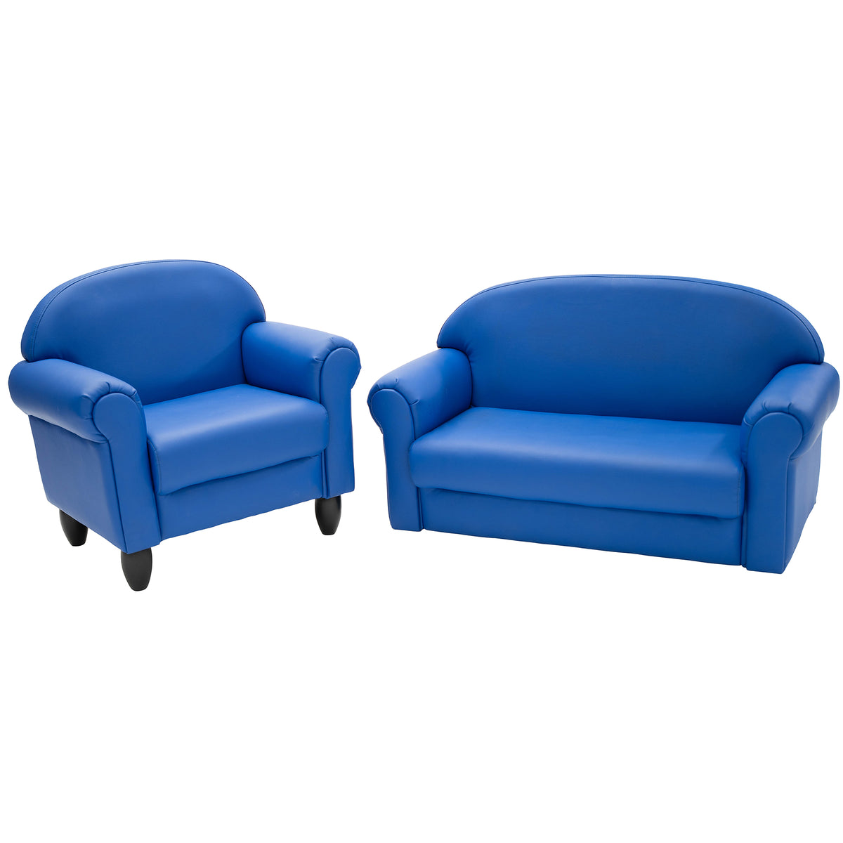Kids Vegan Leather Chair and Sofa with Adjustable Legs, Blue with Black Legs / Chair and Sofa Set