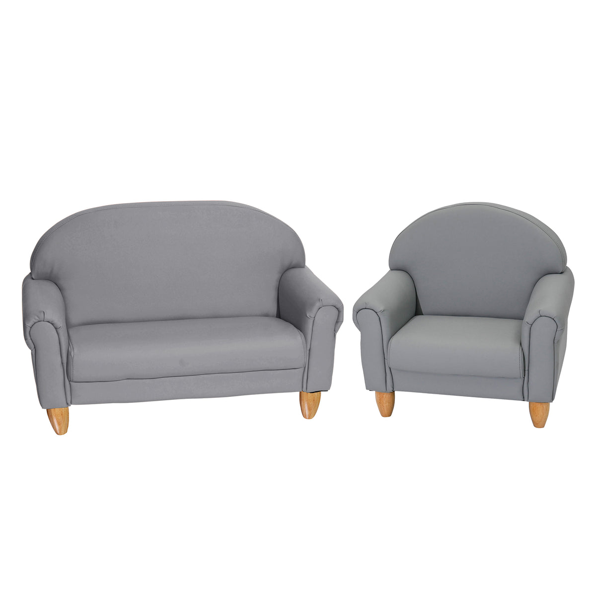 Kids Vegan Leather Chair and Sofa with Adjustable Legs, Gray with Natural Legs / Chair and Sofa Set
