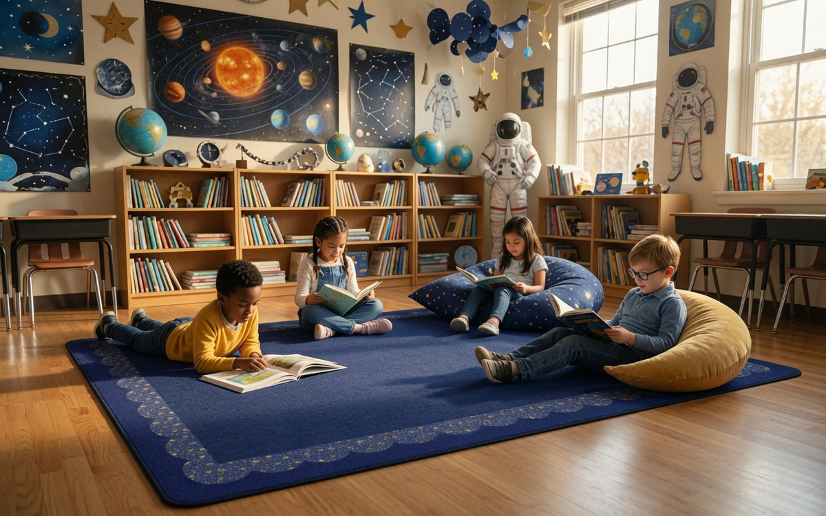Calming Navy Starry Border Classroom Rug, view 5