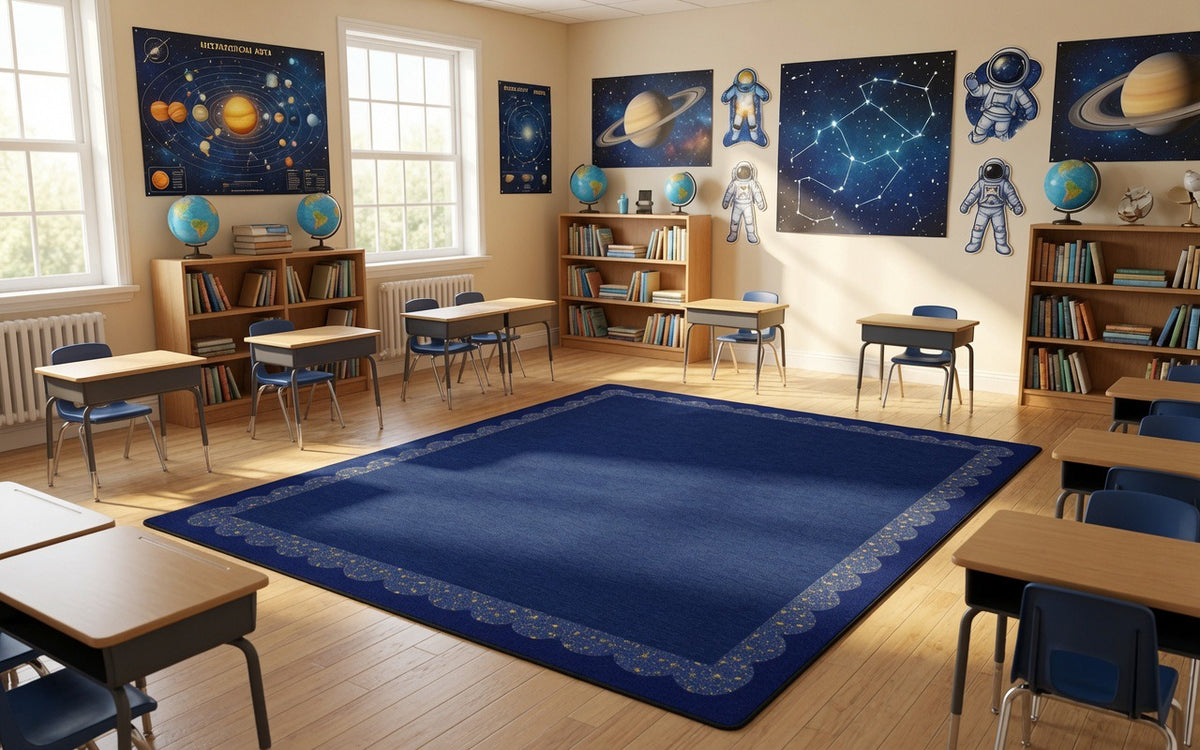Calming Navy Starry Border Classroom Rug, view 6